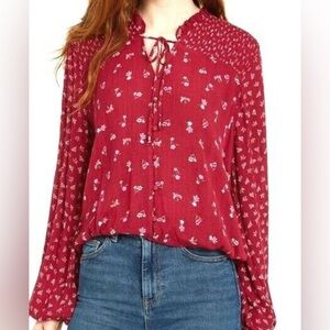 Hippie Rose red floral long sleeve shirt with tie collar size XS